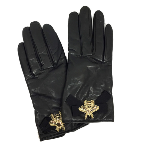 GUCCI Accessories - GUCCI Gucci Leather Gloves Women's Size 7 Ribbon Bee Black